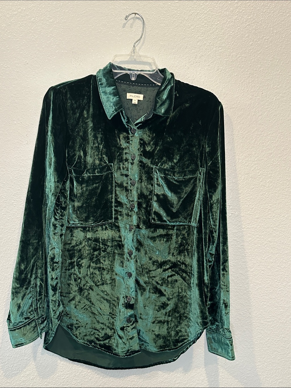 Pilcro Anthropologie Emerald Green Velvet Button Down Shirt Size S
